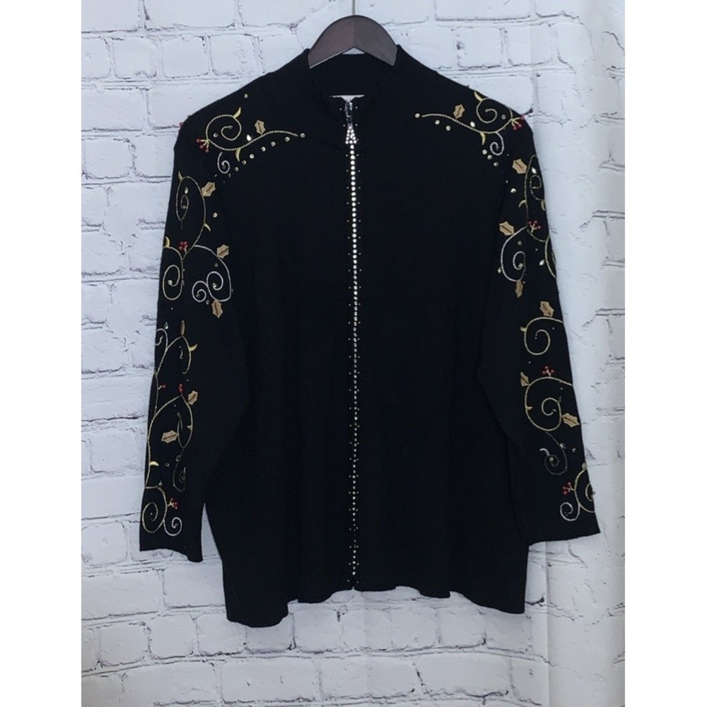 Quaker Factory Vintage Holiday Sweater Womens 3X Black Zip Cardigan Embellished